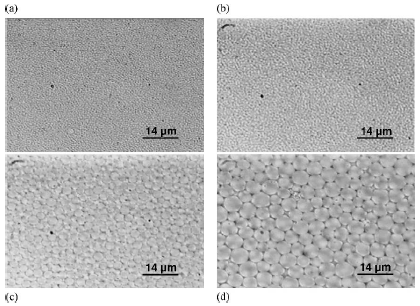 Images of monodisperse emulsions obtained at different surfactant concentrations, a 55% b 45p, c 25, d 15 Screenshot 2026-04-03 122719
